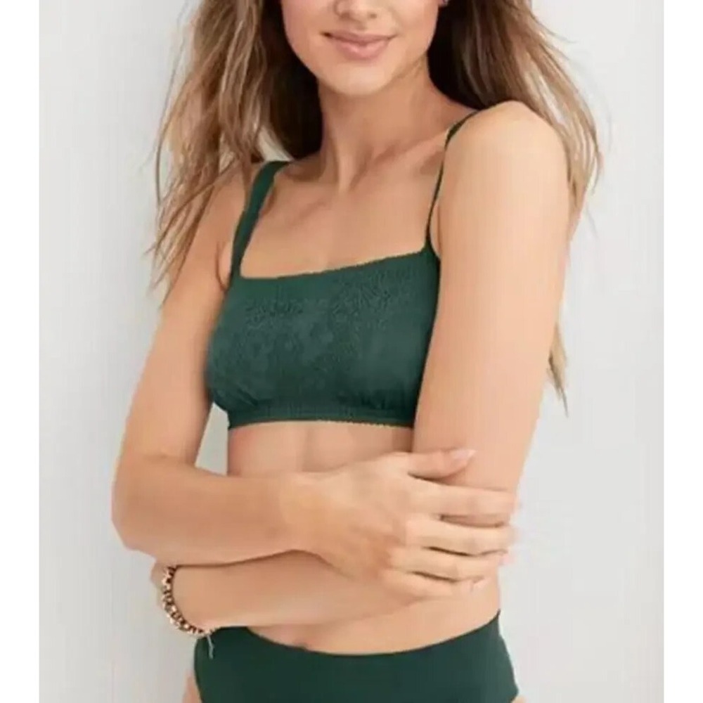 Aerie Women Medium‎ Green Floral Lace Bralette Square Neck O-Ring 2692-3339 NEW